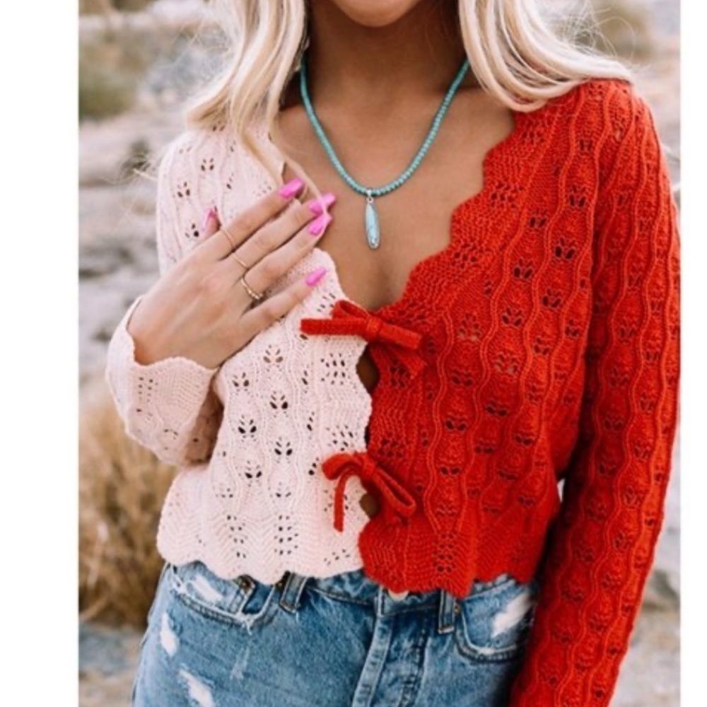 Sincerely Jules Two-Tone Red & Pink Fie front cropped Sweater, size: Small